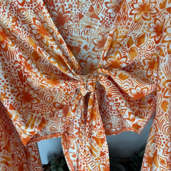 Boho Tie Front Blouse - Ruffle Edged Sleeves - Orange Floral Print - Picture 4 of 5